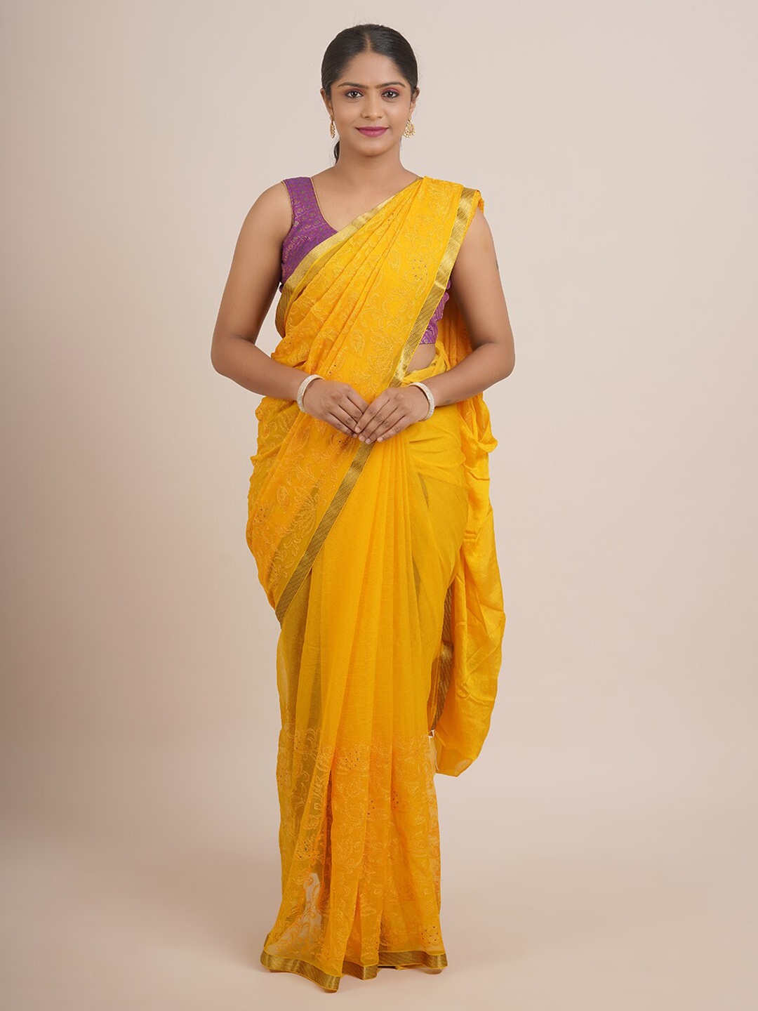 

Pothys Yellow & Gold-Toned Floral Beads and Stones Pure Chiffon Saree