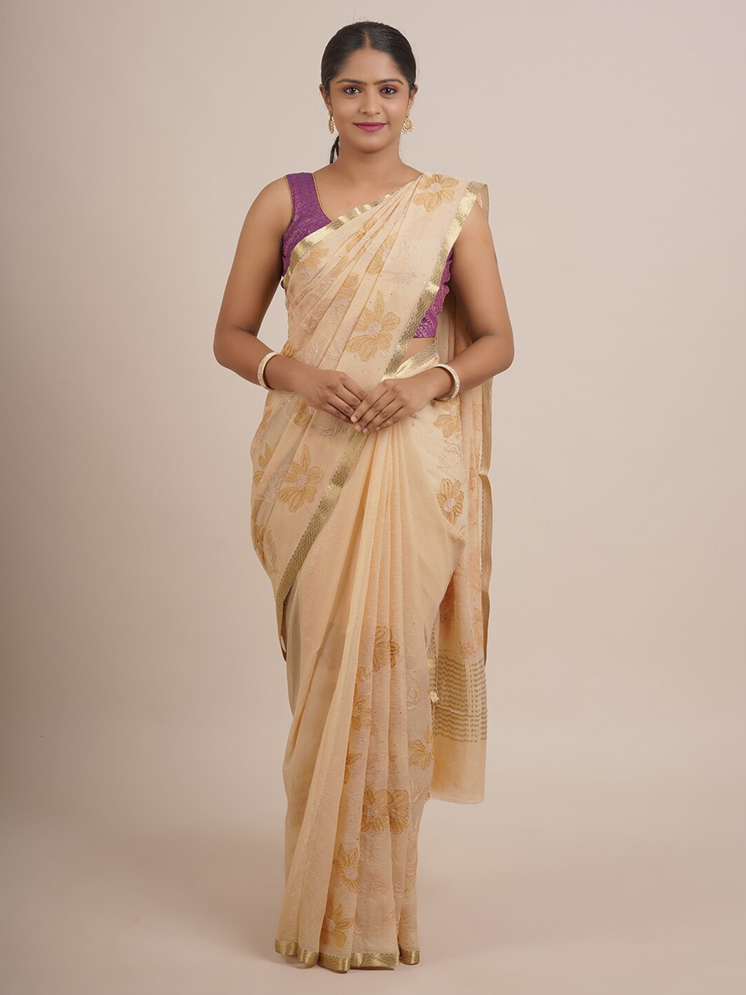 

Pothys Peach-Coloured & Gold-Toned Floral Pure Chiffon Saree