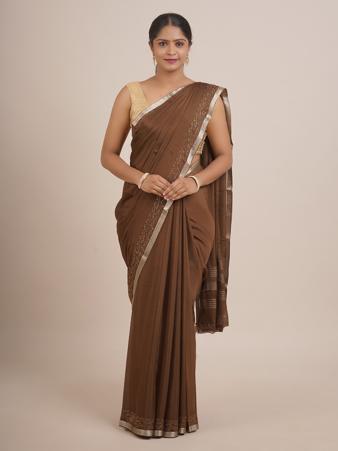 

Pothys Brown & Silver-Toned Beads and Stones Pure Chiffon Saree