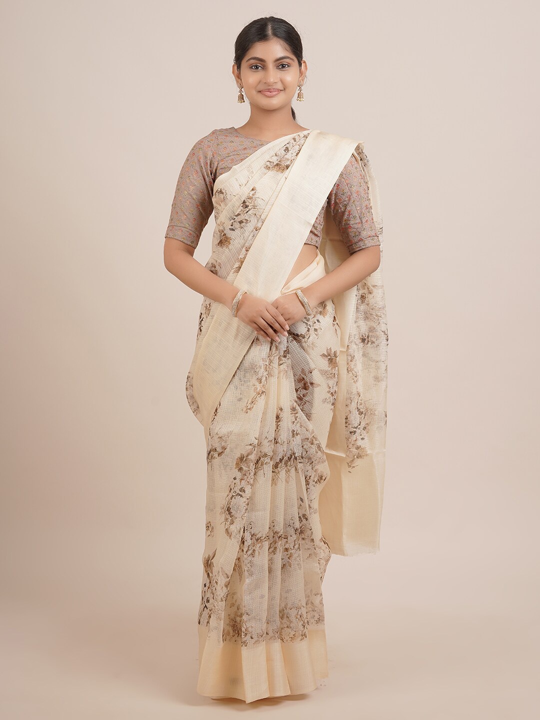 

Pothys Beige & Brown Floral Pure Silk Saree
