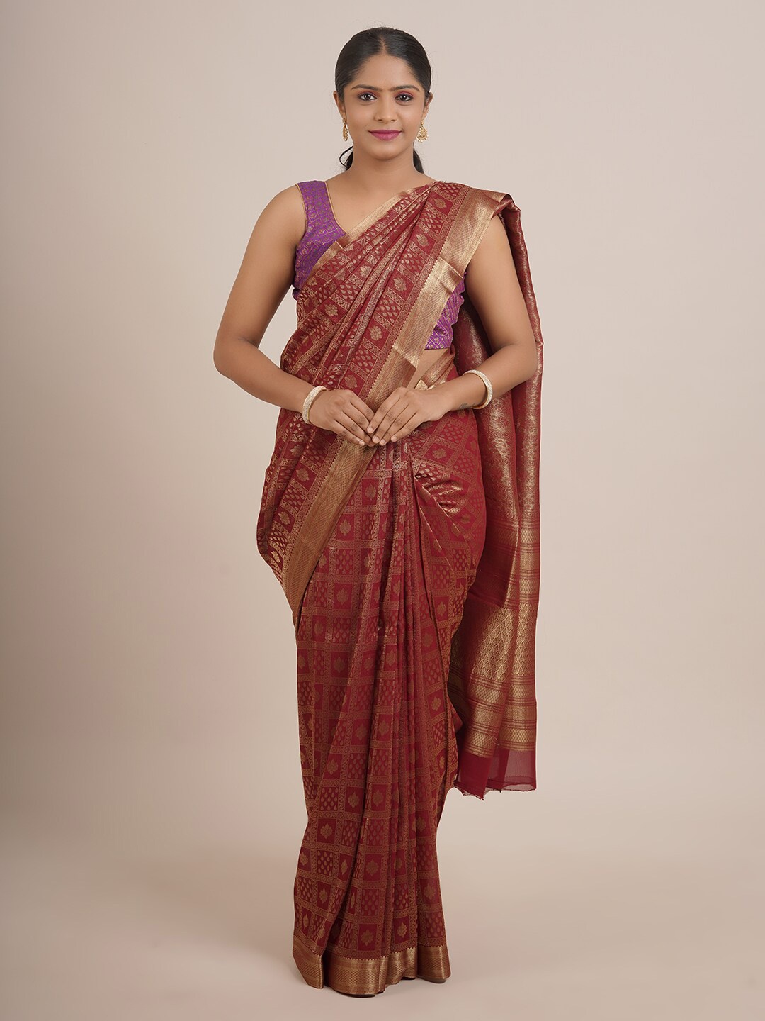 

Pothys Maroon & Gold-Toned Woven Design Pure Silk Saree