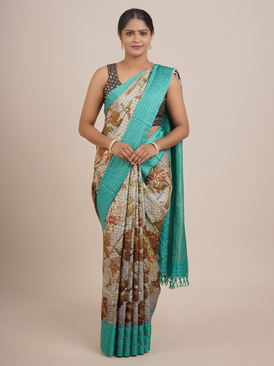 

Pothys Sea Green & Grey Floral Pure Silk Saree