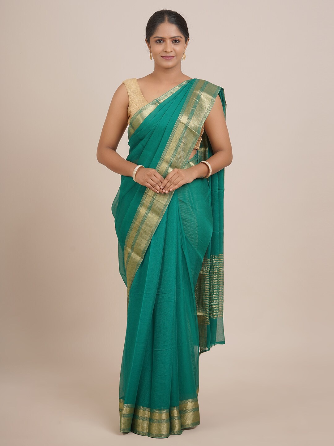 

Pothys Green & Gold-Toned Zari Pure Chiffon Saree