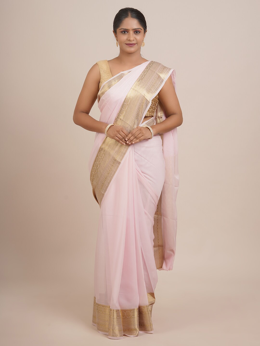 

Pothys Pink & Gold-Toned Ethnic Motifs Zari Pure Silk Saree