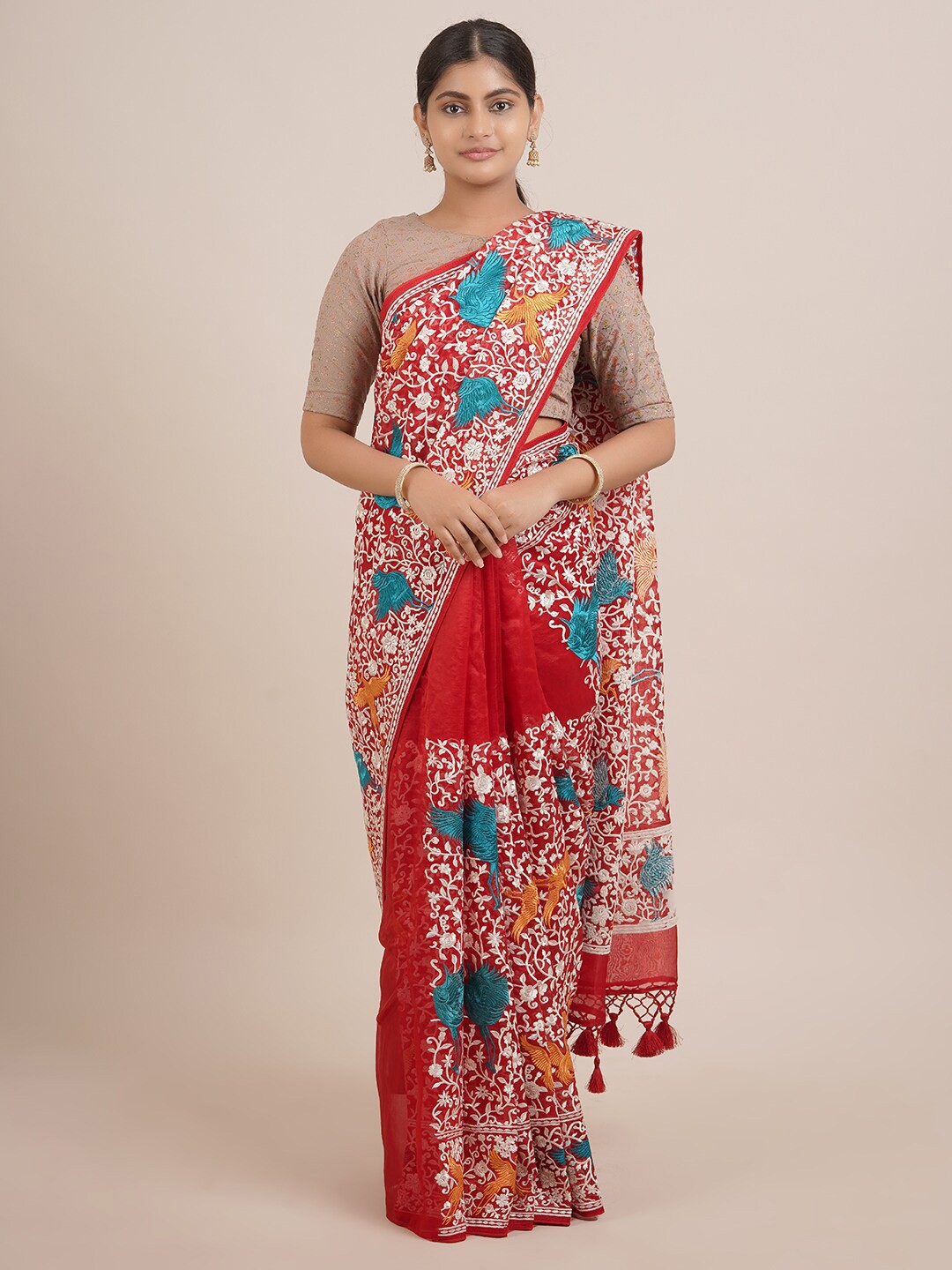 

Pothys Red & White Floral Pure Silk Saree