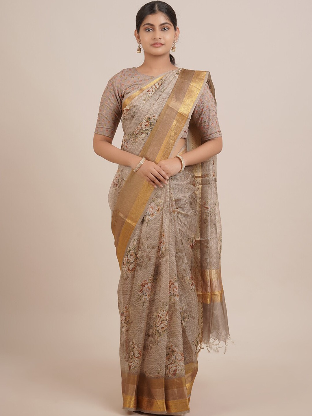 

Pothys Grey & Gold-Toned Floral Zari Pure Silk Saree