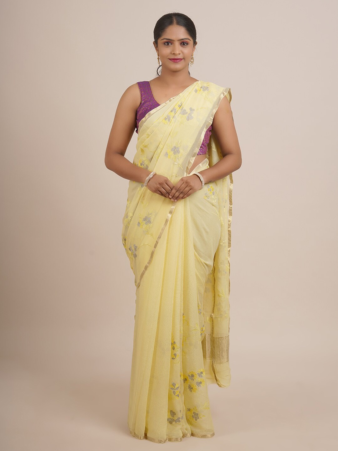 

Pothys Yellow Floral Zari Pure Chiffon Saree