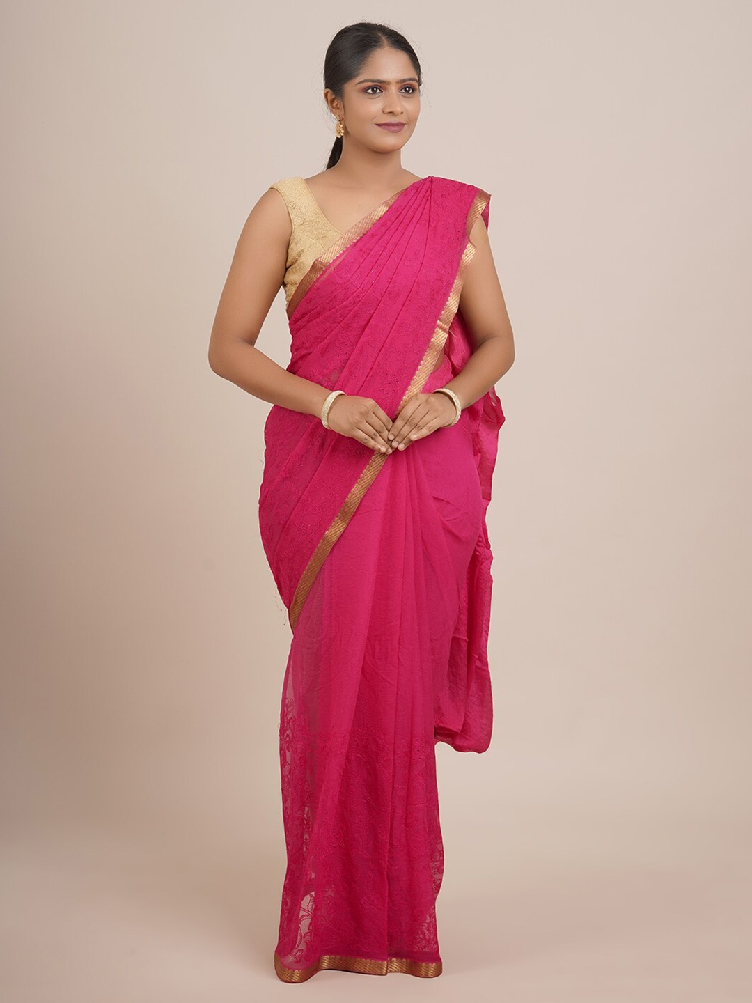 

Pothys Pink & Gold-Toned Floral Zari Pure Chiffon Saree