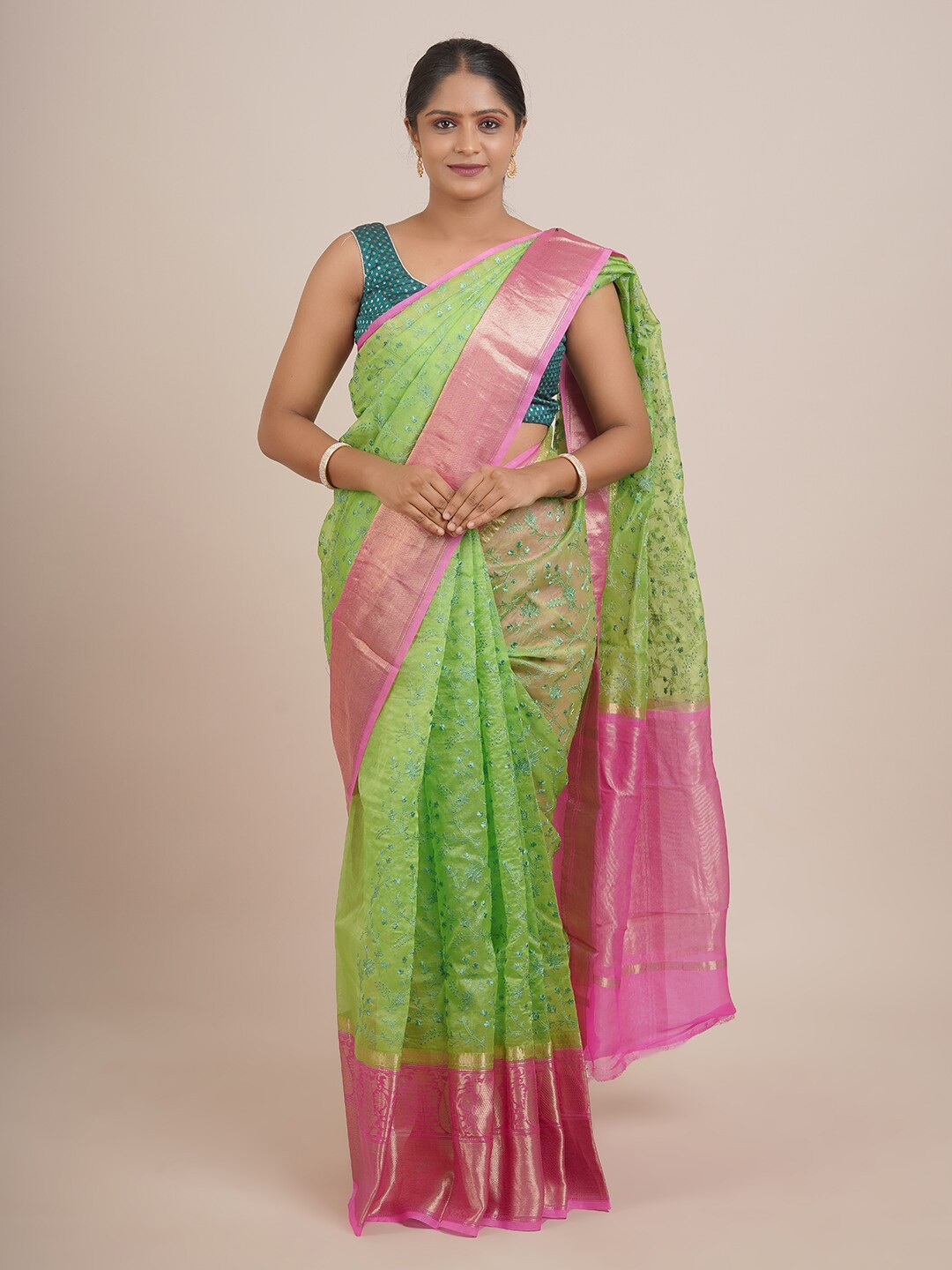

Pothys Green & Gold-Toned Floral Zari Pure Silk Saree