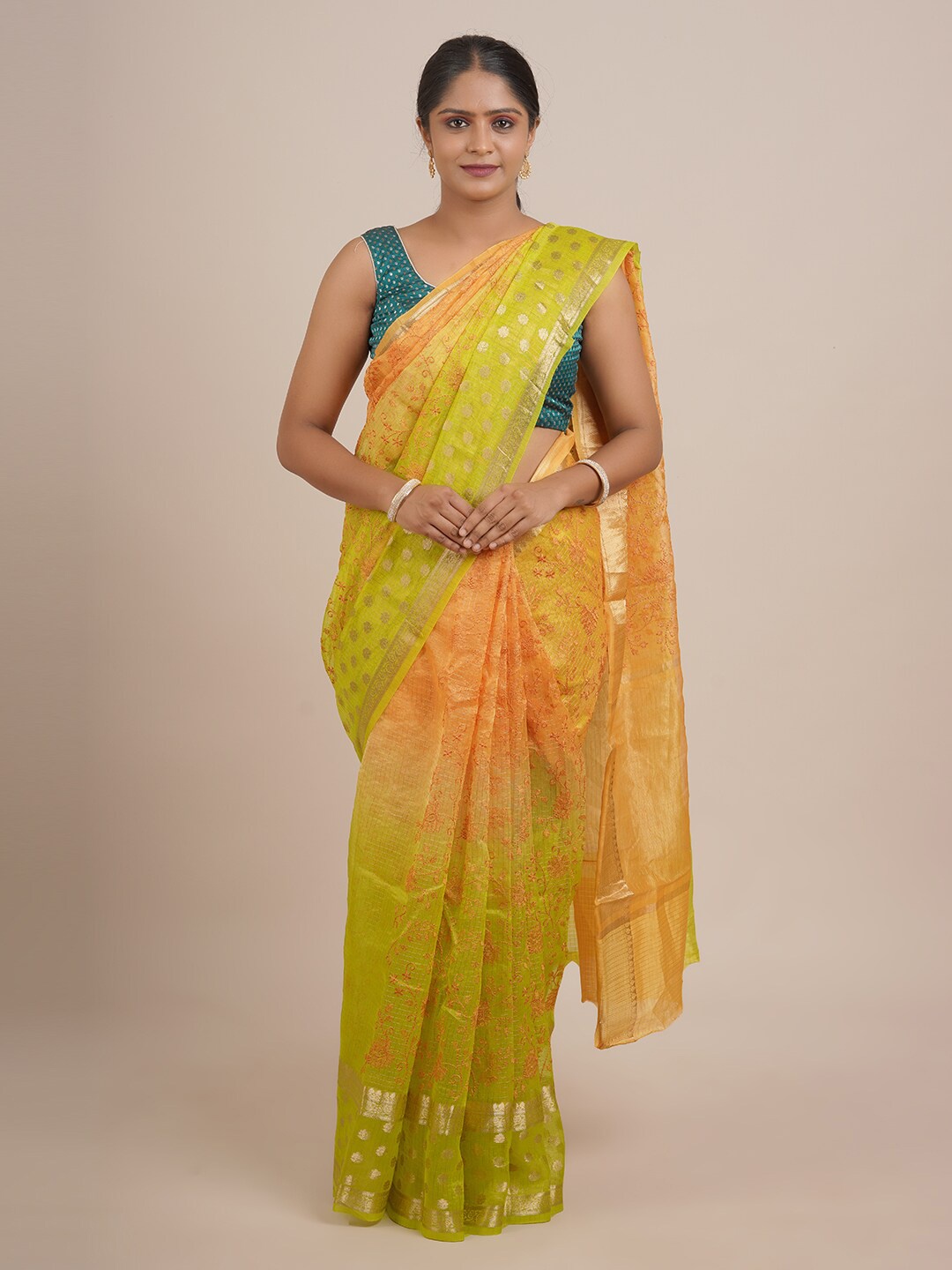 

Pothys Green & Gold-Toned Floral Zari Pure Silk Saree