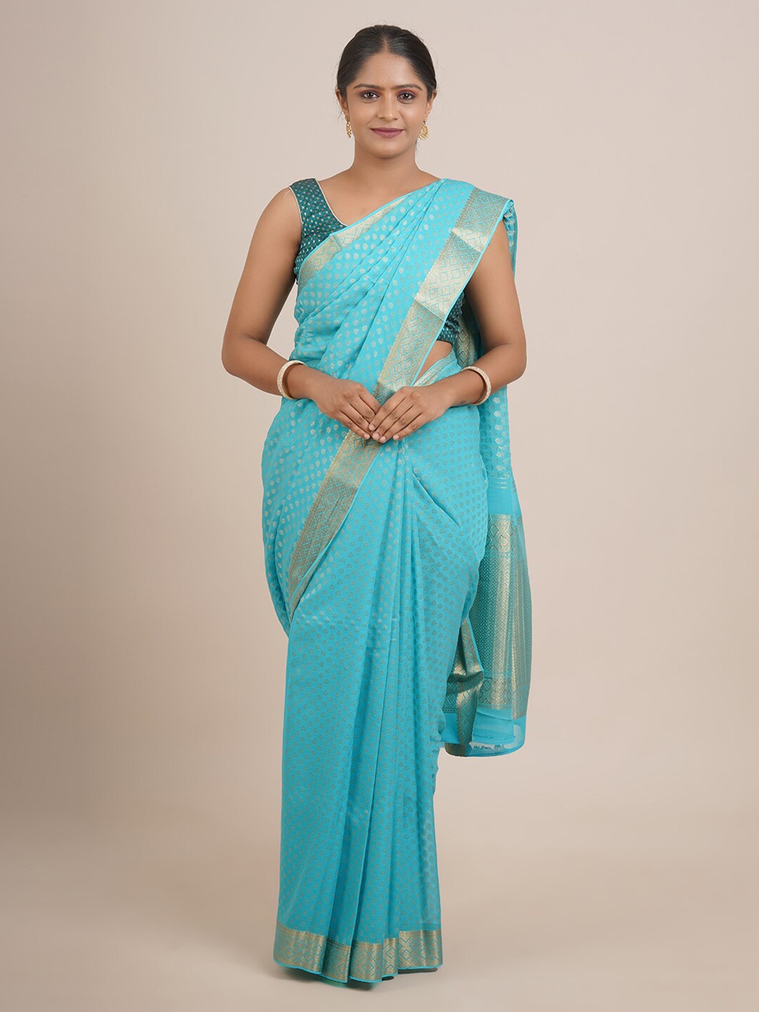 

Pothys Blue & Gold-Toned Woven Design Zari Pure Georgette Saree