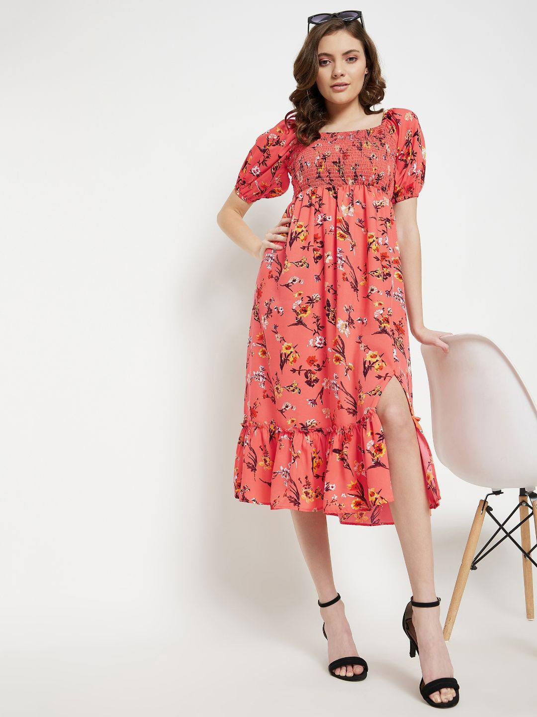 

Uptownie Lite Orange Floral Crepe Midi Dress