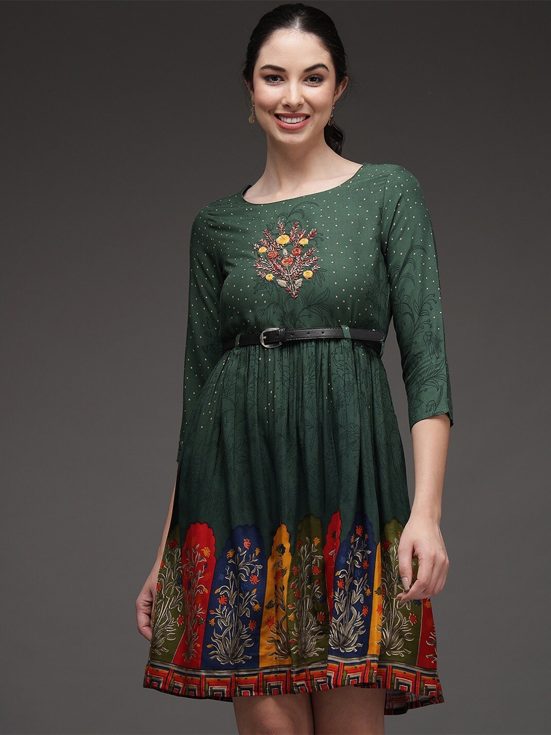 

KALINI Women Green Floral Empire Dress
