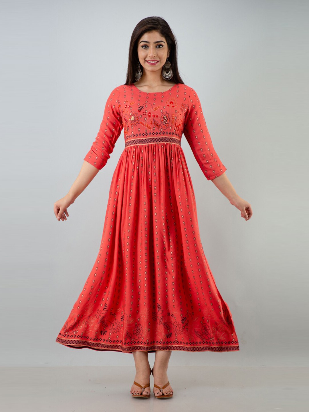 

KALINI Women Peach-Coloured Floral Maxi Dress