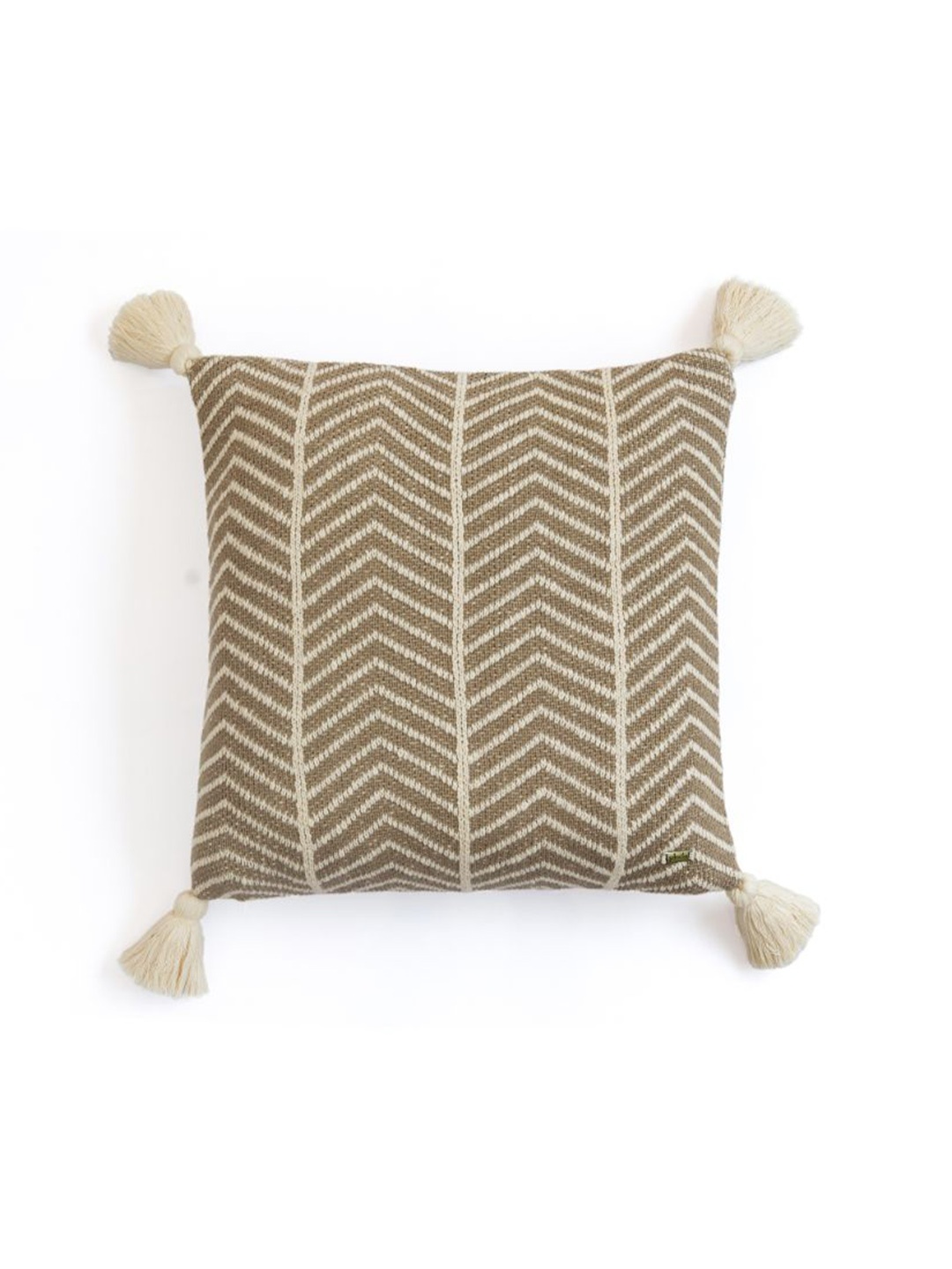 

Pluchi Beige & Cream Geometric Square Pure Cotton Knitted Cushion Cover with Tassels