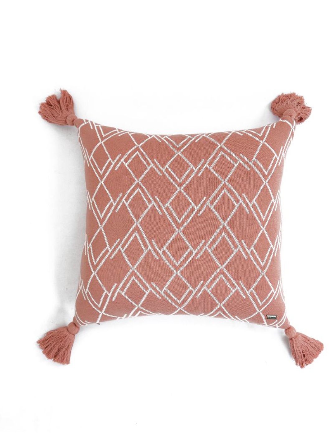 

Pluchi Coral & White Geometric Square Pure Cotton Knitted Cushion Cover with Tassels
