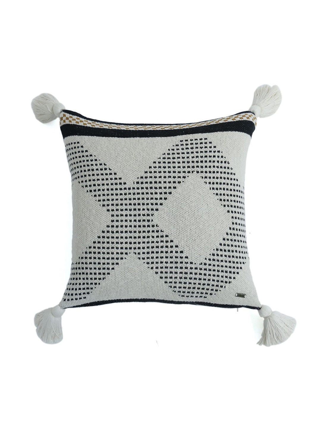 

Pluchi Black & Off White Self Design Square Cotton Knitted Cushion Cover with Tassels