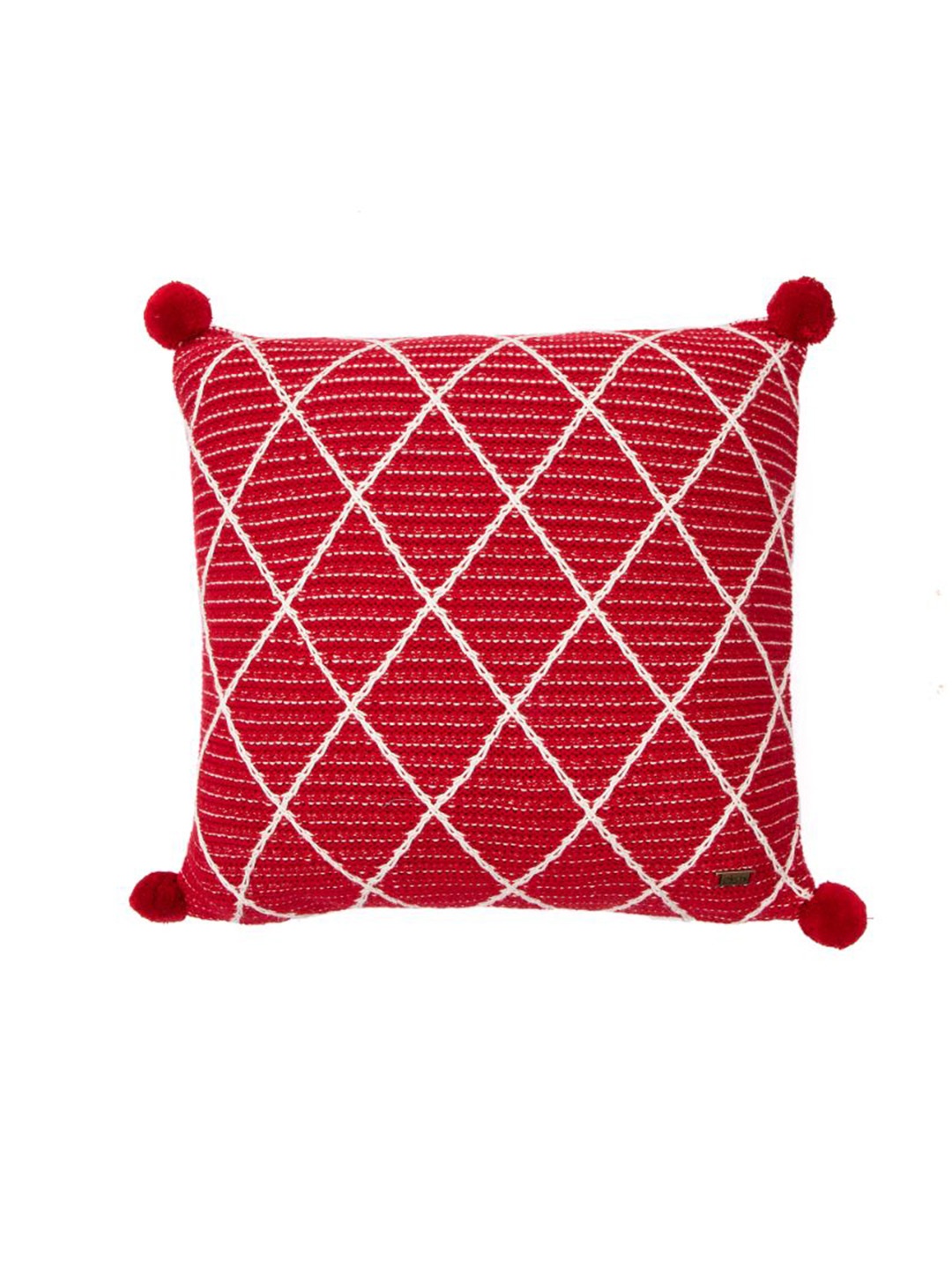 

Pluchi Red & White Self Design Square Pure Cotton Knitted Cushion Cover with Pom Pom