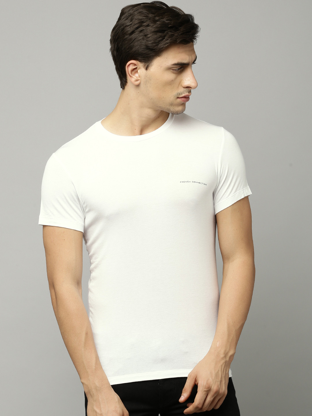 

French Connection Men White Solid Round Neck T-shirt