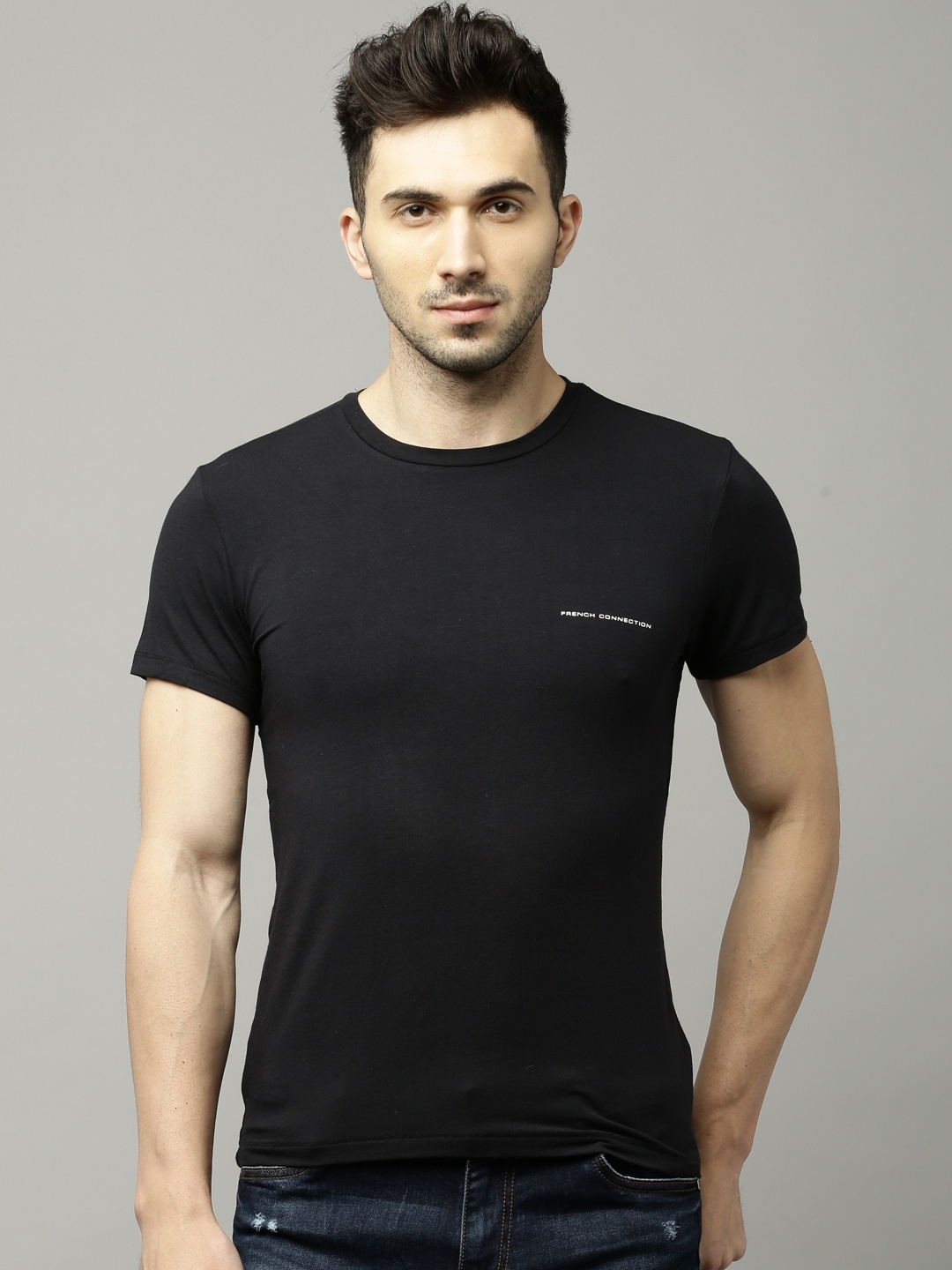 

French Connection Men Black Solid Round Neck T-shirt