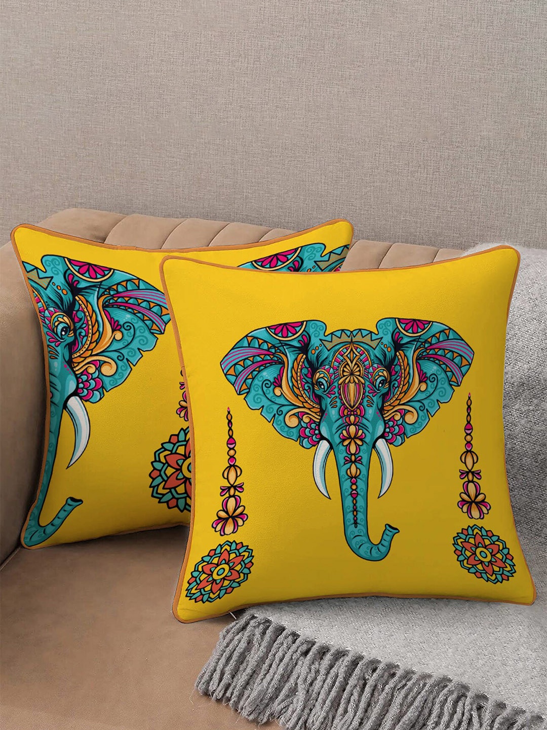 

STITCHNEST Yellow & Blue Set of 2 Ethnic Motifs Velvet Square Cushion Covers