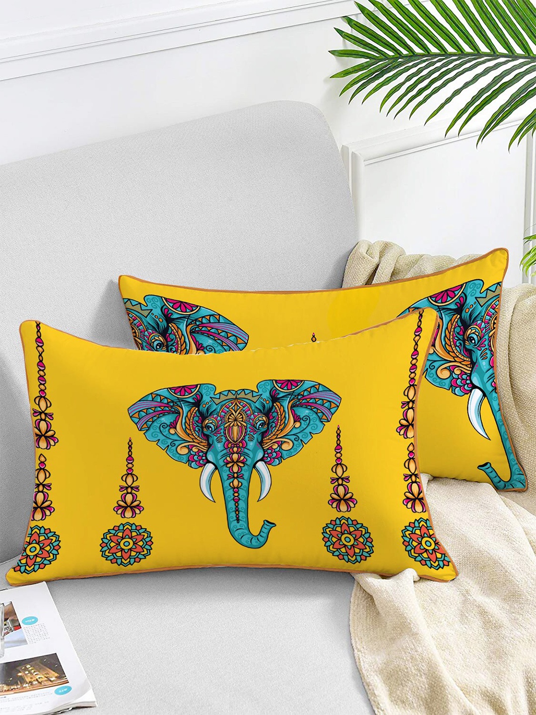 

STITCHNEST Yellow & Blue Set of 2 Ethnic Motifs Velvet Rectangle Cushion Covers