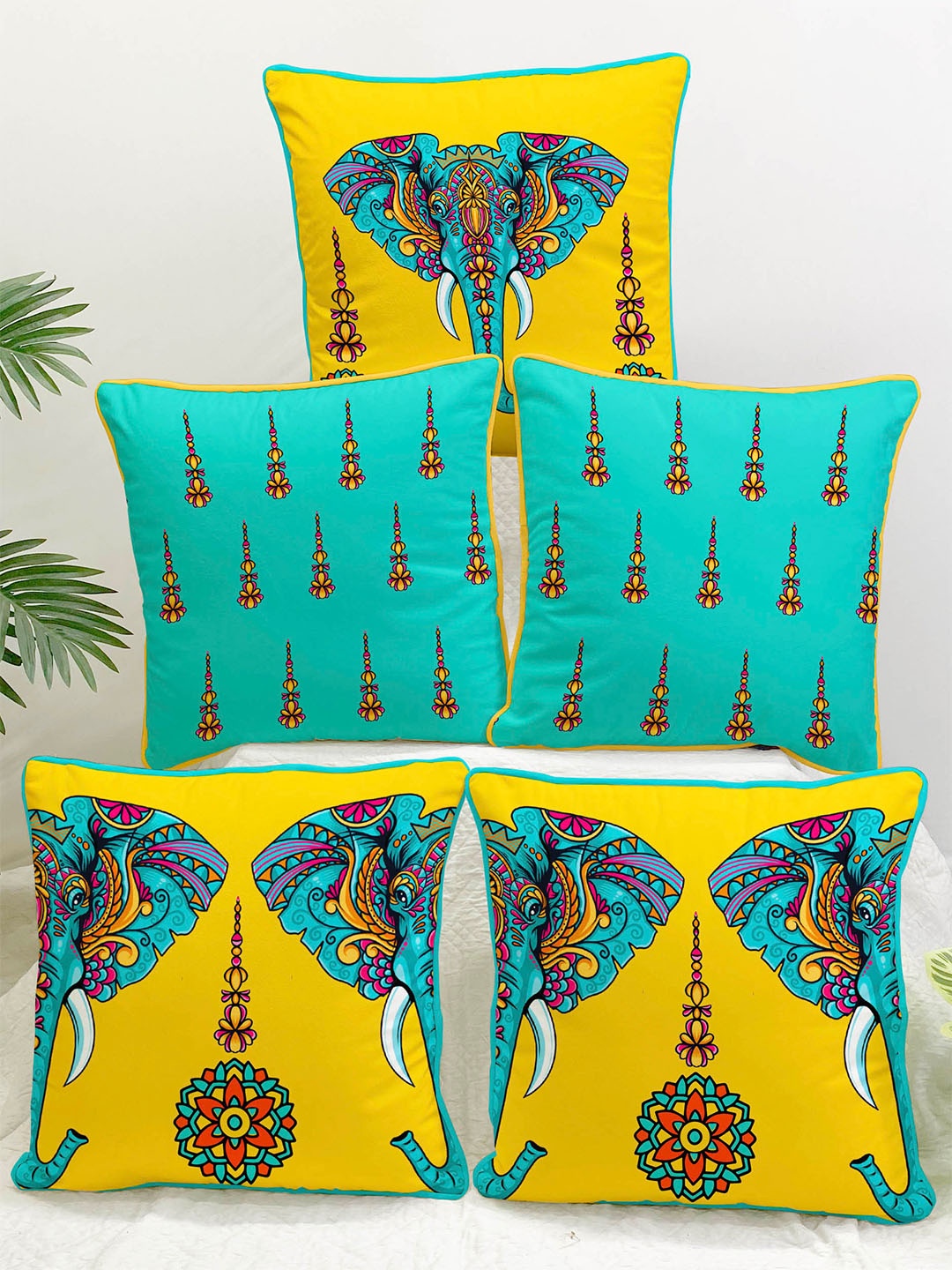 

STITCHNEST Yellow & Blue Set of 5 Ethnic Motifs Velvet Square Cushion Covers