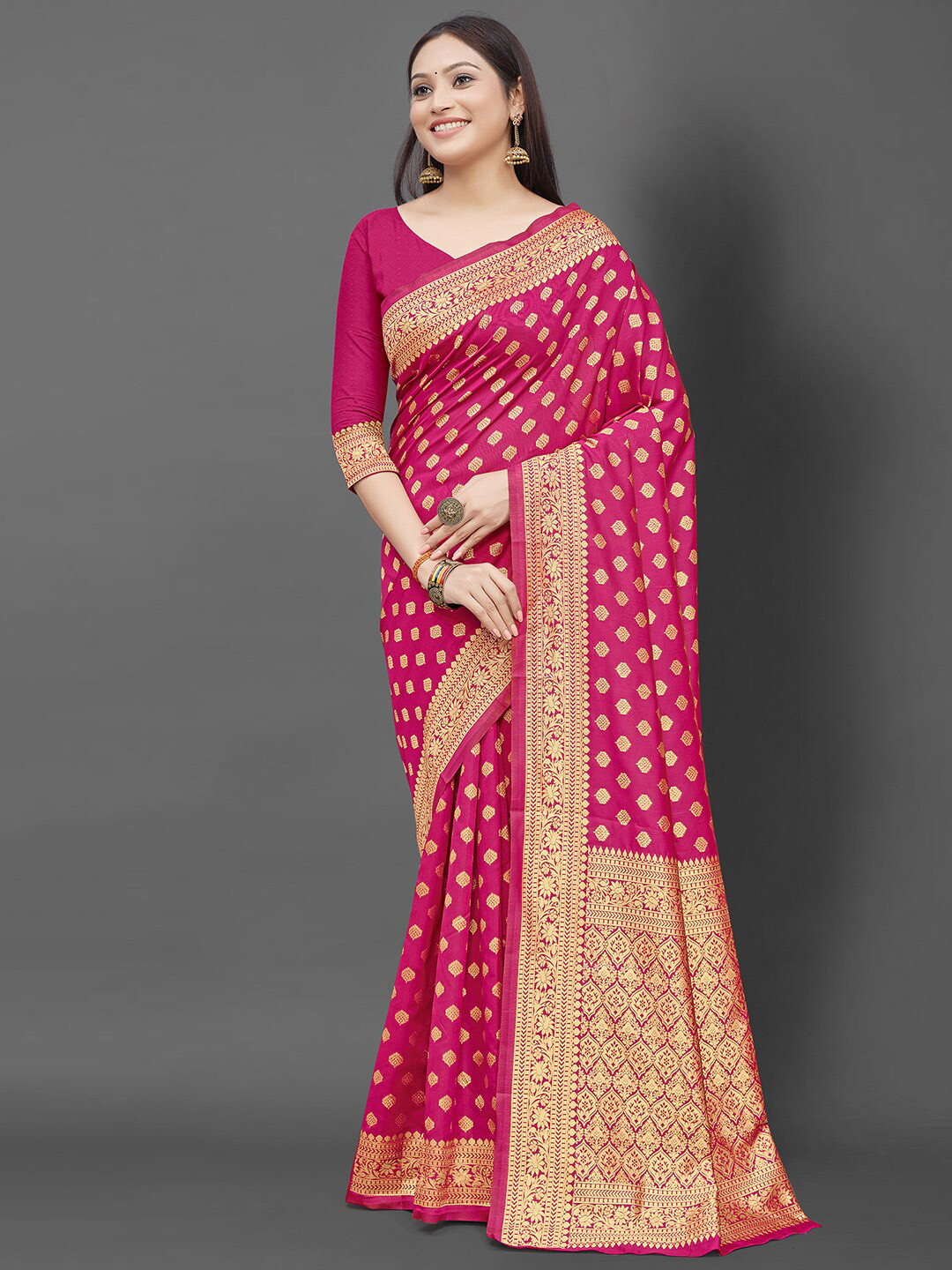 

KALINI Pink & Gold-Toned Floral Zari Silk Blend Banarasi Saree