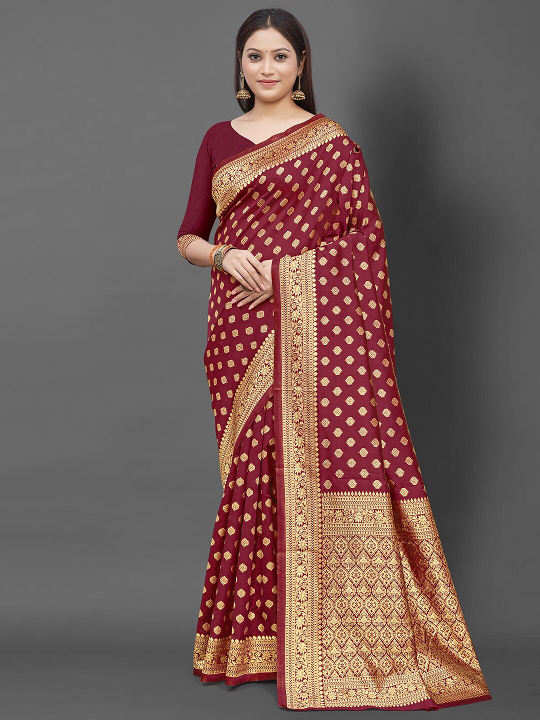 

KALINI Maroon And Gold Toned Ethnic Motifs Woven Design Zari Banarasi Saree