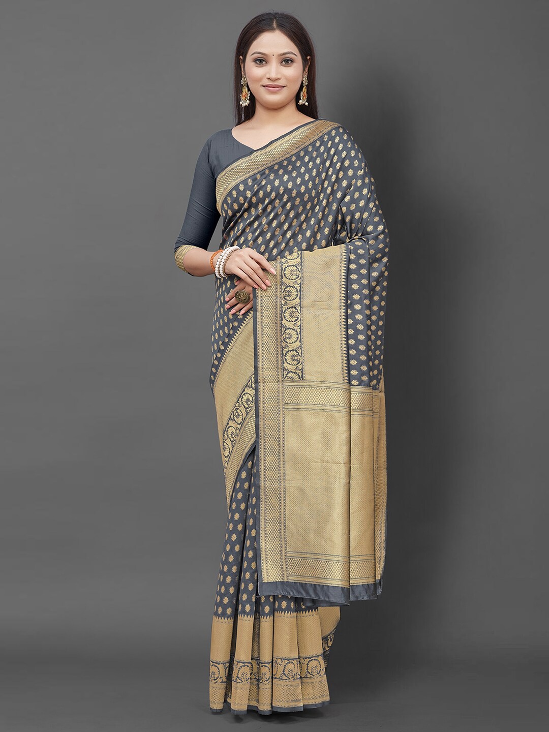 

KALINI Grey And Gold Toned Ethnic Motifs Woven Design Zari Banarasi Saree