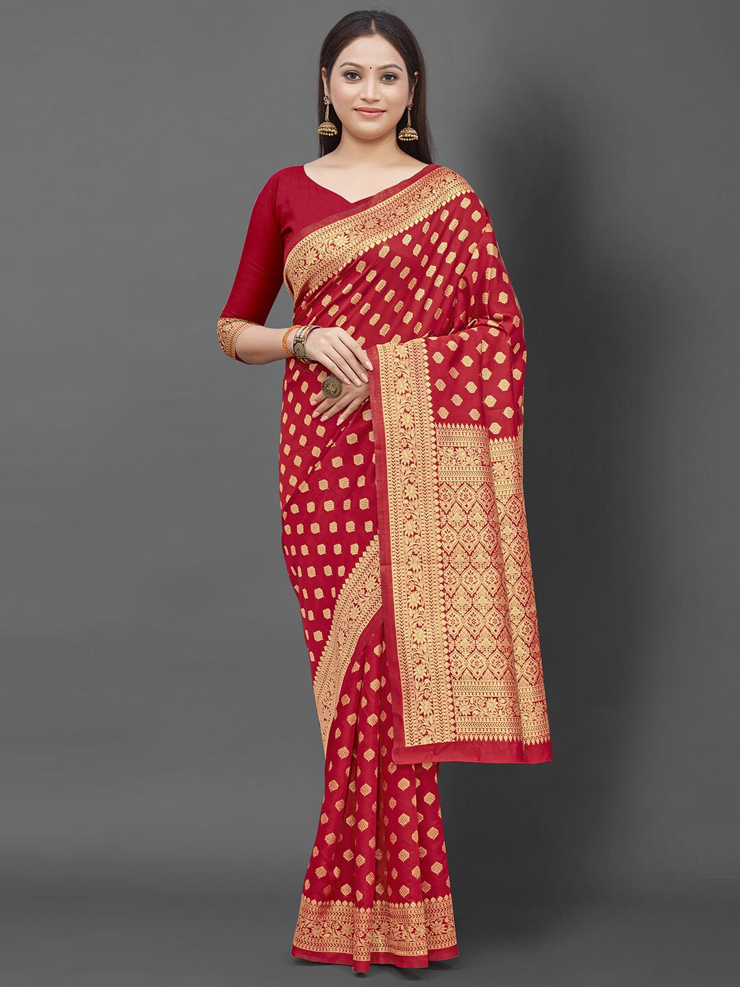 

KALINI Red And Gold Toned Ethnic Motifs Woven Design Zari Banarasi Saree