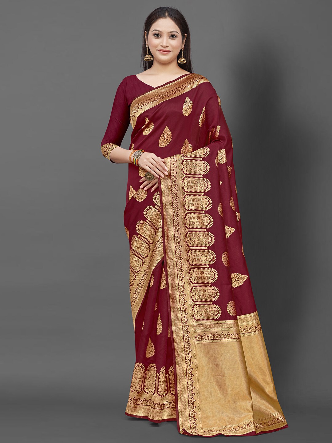

KALINI Maroon And Gold Toned Ethnic Motifs Woven Design Zari Banarasi Saree