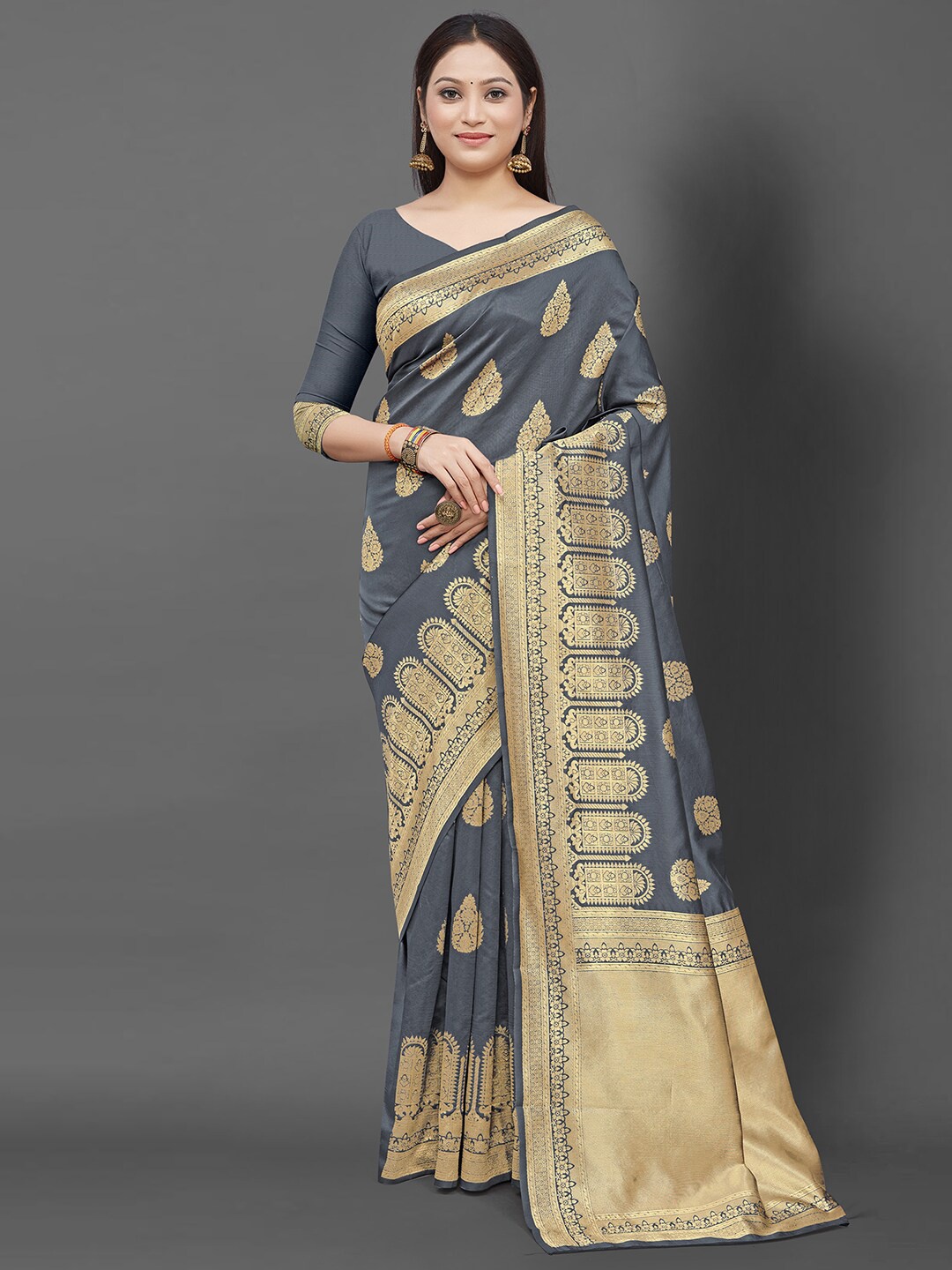 

KALINI Grey And Gold Toned Ethnic Motifs Woven Design Zari Banarasi Saree