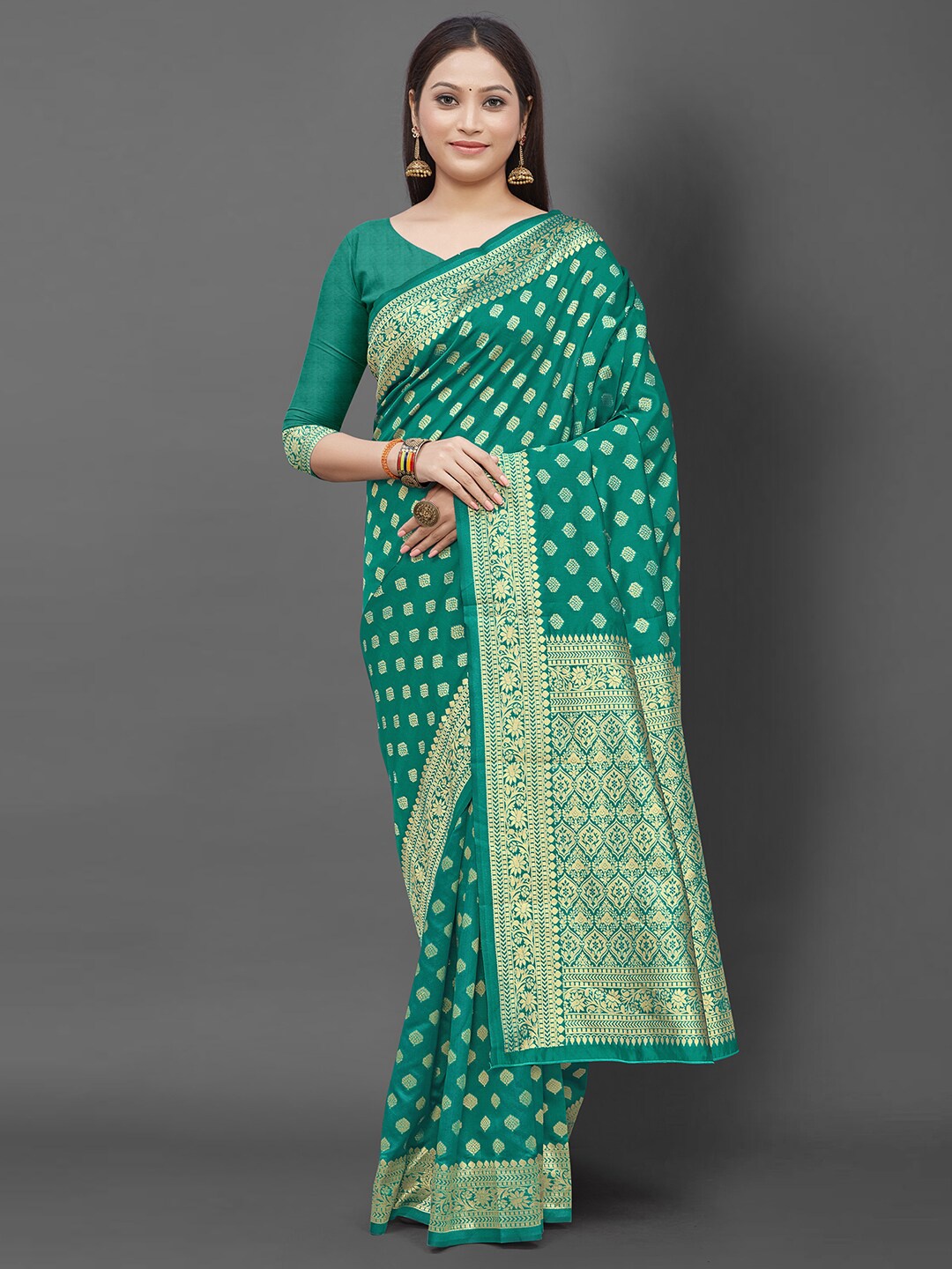 

KALINI Teal Green And Gold Toned Ethnic Motifs Woven Design Zari Banarasi Saree
