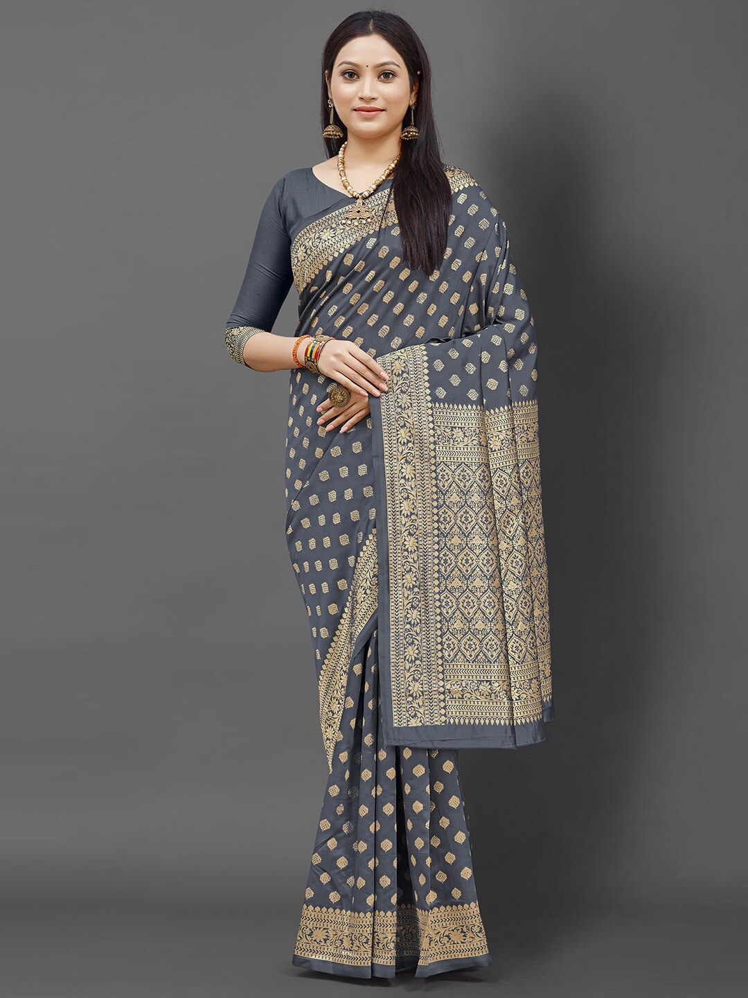 

KALINI Grey And Gold Toned Ethnic Motifs Woven Design Zari Banarasi Saree