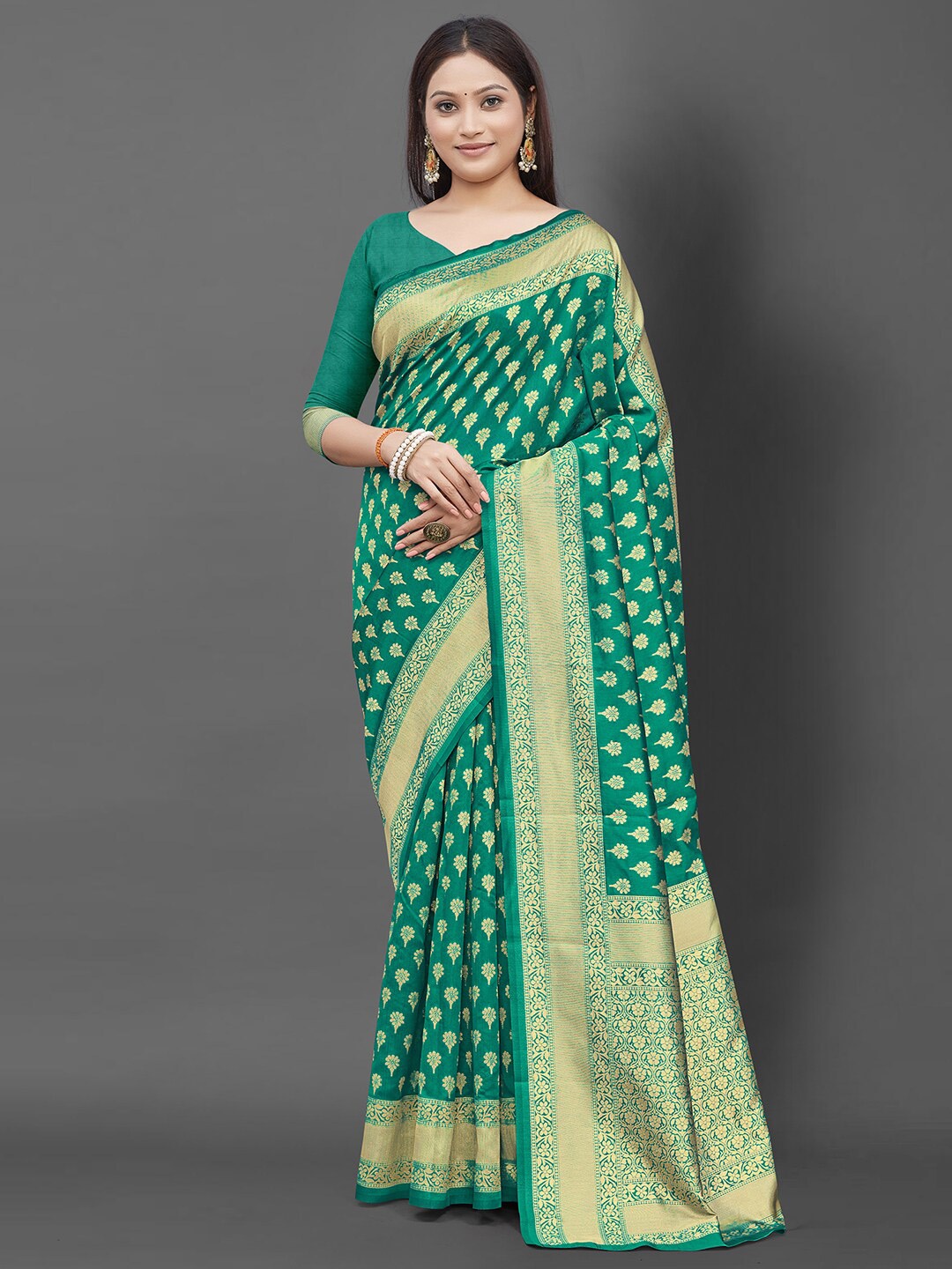 

KALINI Teal & Gold-Toned Woven Design Zari Silk Blend Banarasi Saree