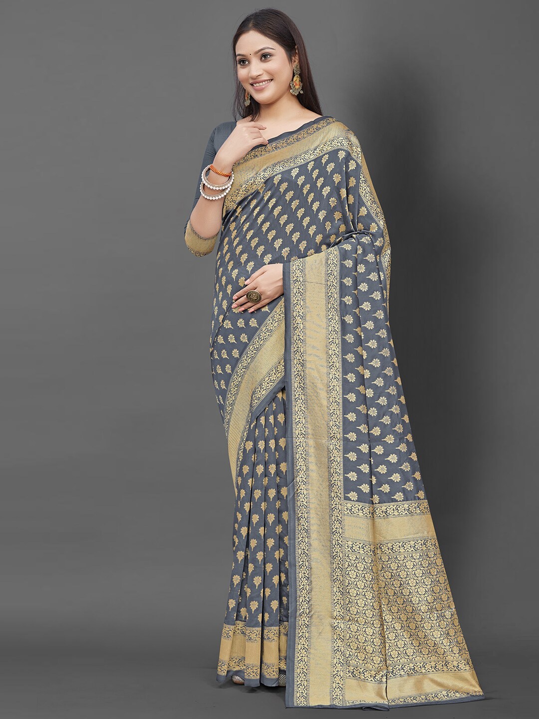

KALINI Grey And Gold Toned Ethnic Motifs Woven Design Zari Banarasi Saree