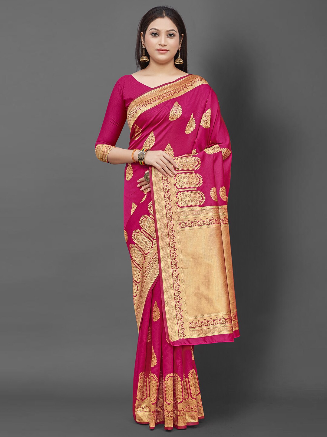 

KALINI Pink And Gold Toned Ethnic Motifs Woven Design Zari Banarasi Saree