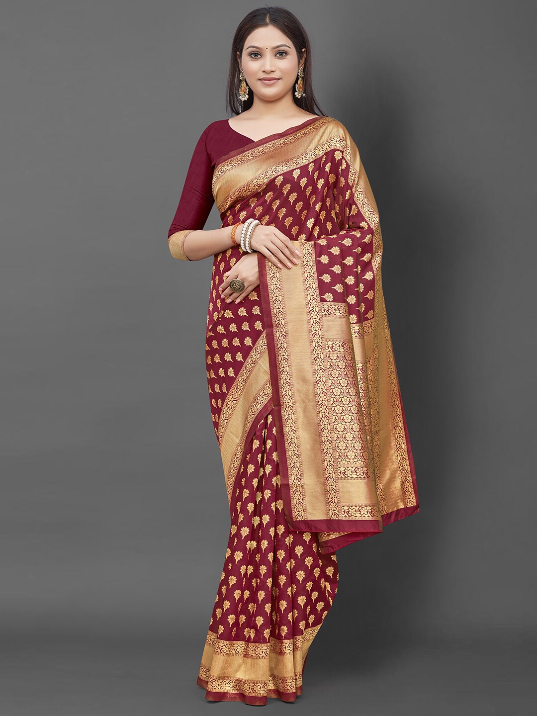 

KALINI Maroon & Gold-Toned Ethnic Motifs Zari Banarasi Saree