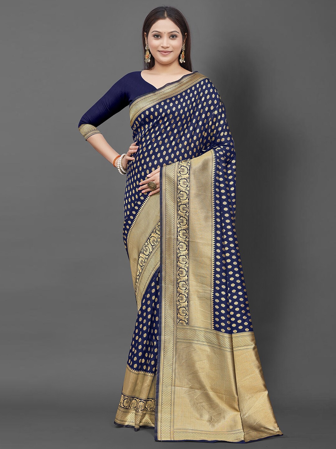 

KALINI Navy Blue & Gold-Toned Ethnic Motifs Zari Banarasi Saree