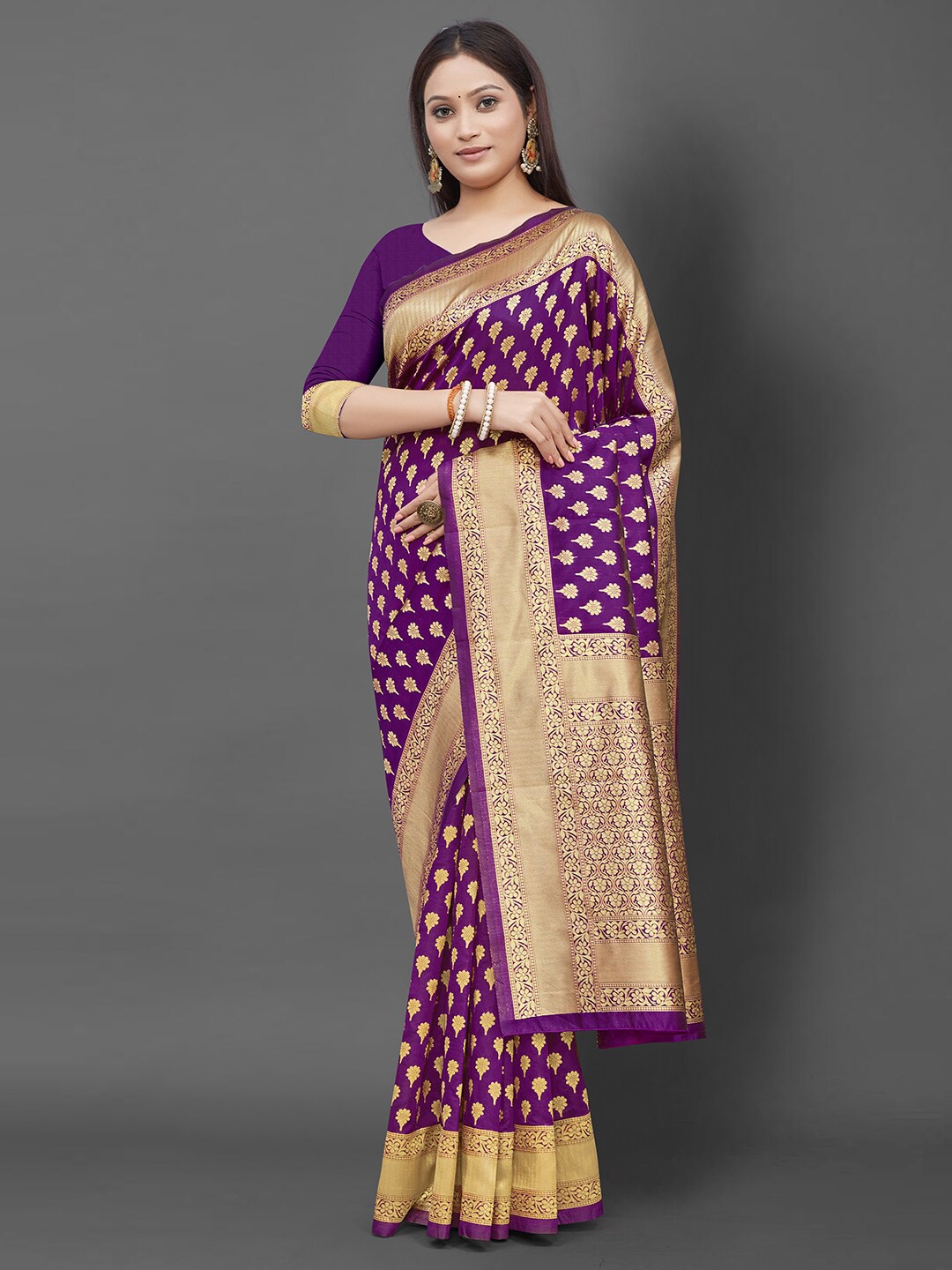 

KALINI Purple & Gold-Toned Ethnic Motifs Zari Banarasi Saree