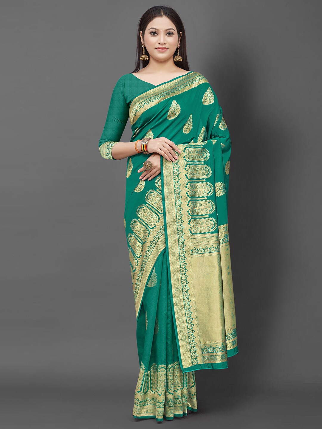 

KALINI Green & Gold-Toned Ethnic Motifs Zari Banarasi Saree