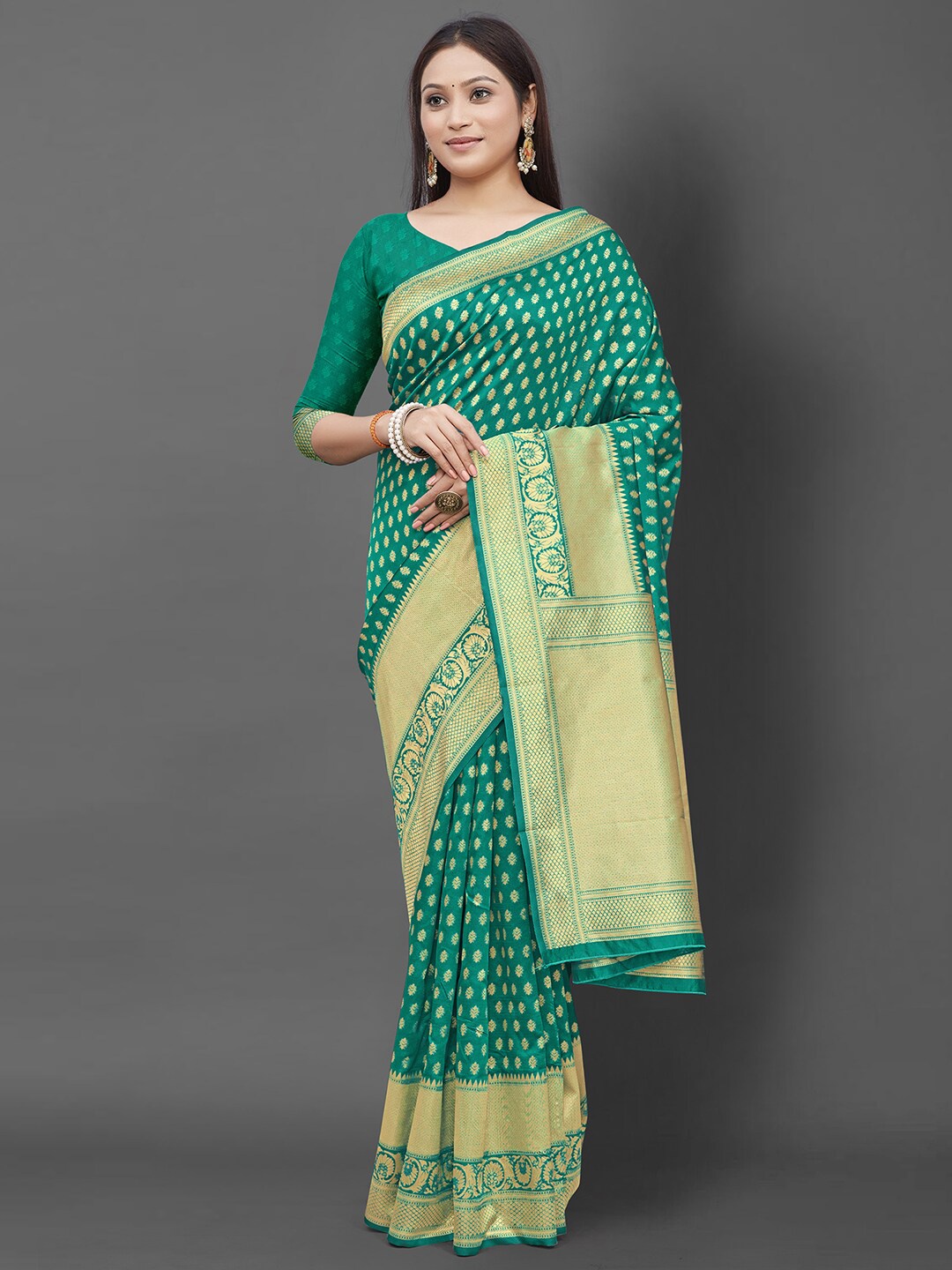 

KALINI Teal & Gold-Toned Ethnic Motifs Zari Banarasi Saree