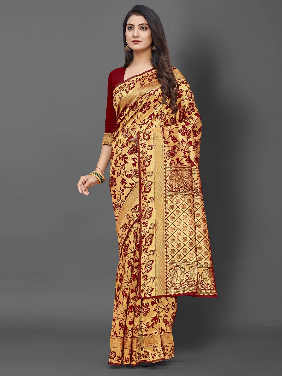 

KALINI Maroon & Gold-Toned Floral Zari Banarasi Saree