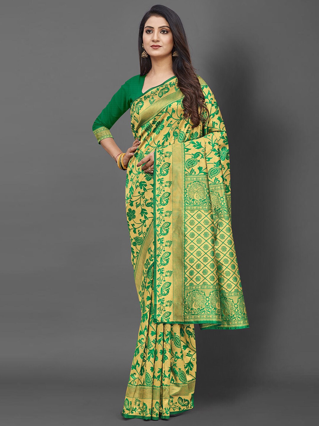 

KALINI Green & Gold-Toned Floral Zari Banarasi Saree