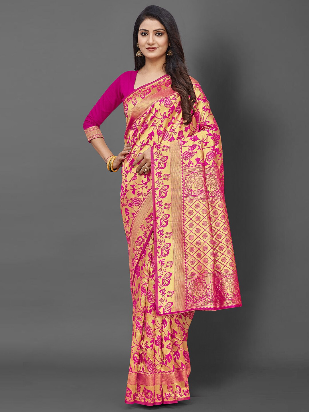 

KALINI Pink & Gold-Toned Ethnic Motifs Zari Banarasi Saree