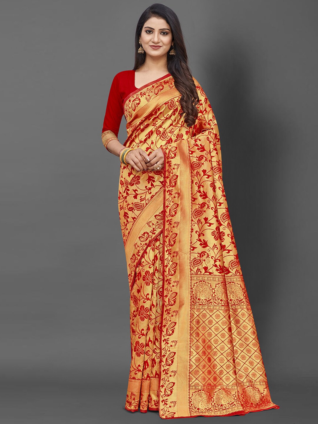 

KALINI Red & Gold-Toned Woven Design Silk Blend Saree