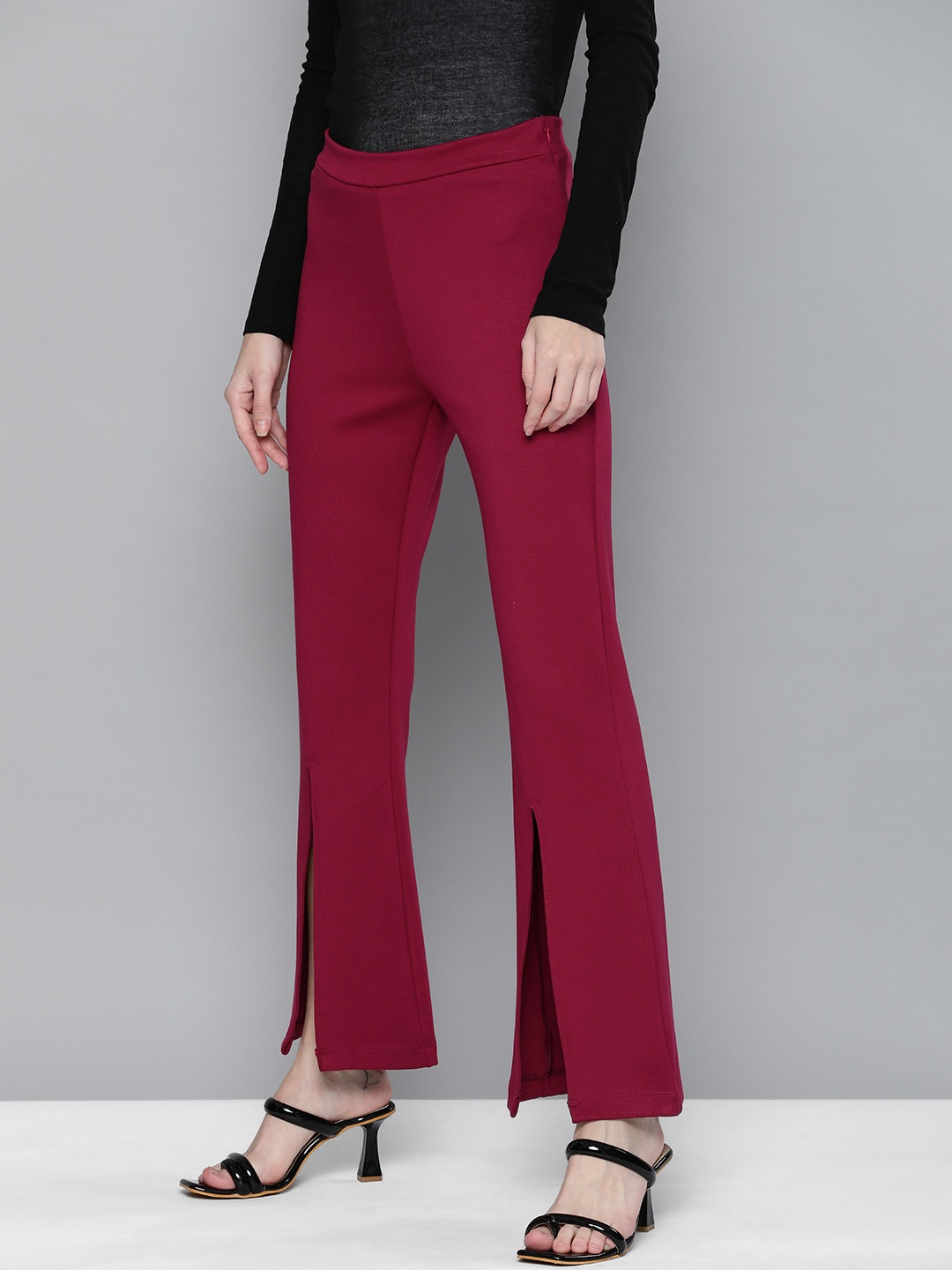 

HERE&NOW Women Flared Bootcut Trousers, Maroon