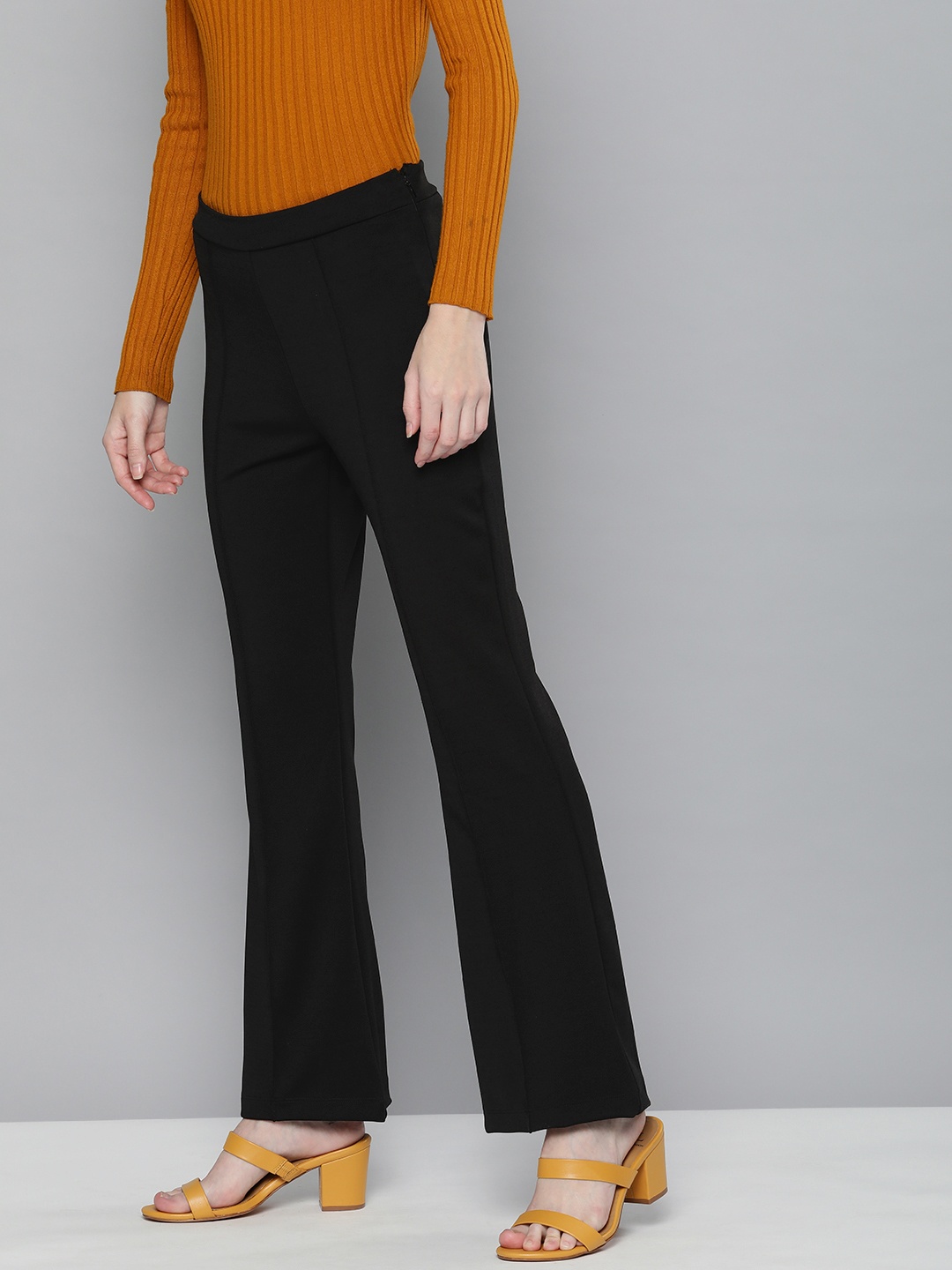 

HERE&NOW Women Pleated Bootcut Trousers, Black