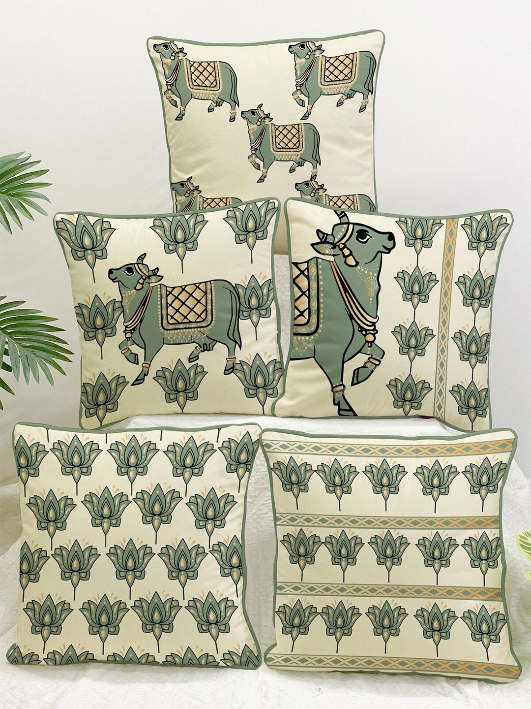 

STITCHNEST Cream-Coloured & Olive Green Set of 5 Ethnic Motifs Velvet Square Cushion Covers